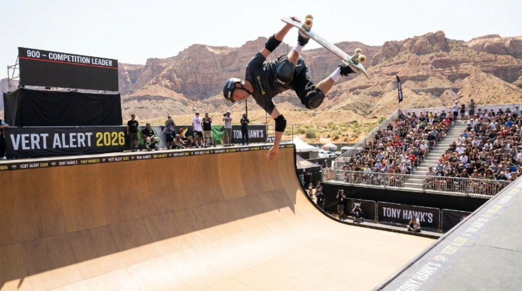Professional vert skateboarder performing a 900 trick at Tony Hawk's Vert Alert 2026 competition in Utah
