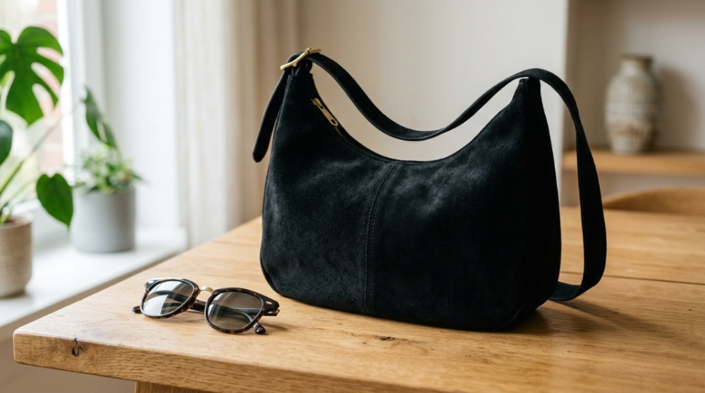 Close-up of a black suede hobo shoulder bag resting on a wooden table.