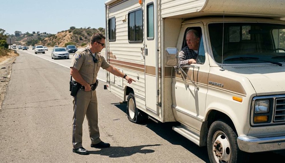 Highway patrol stopping a camper in San Diego