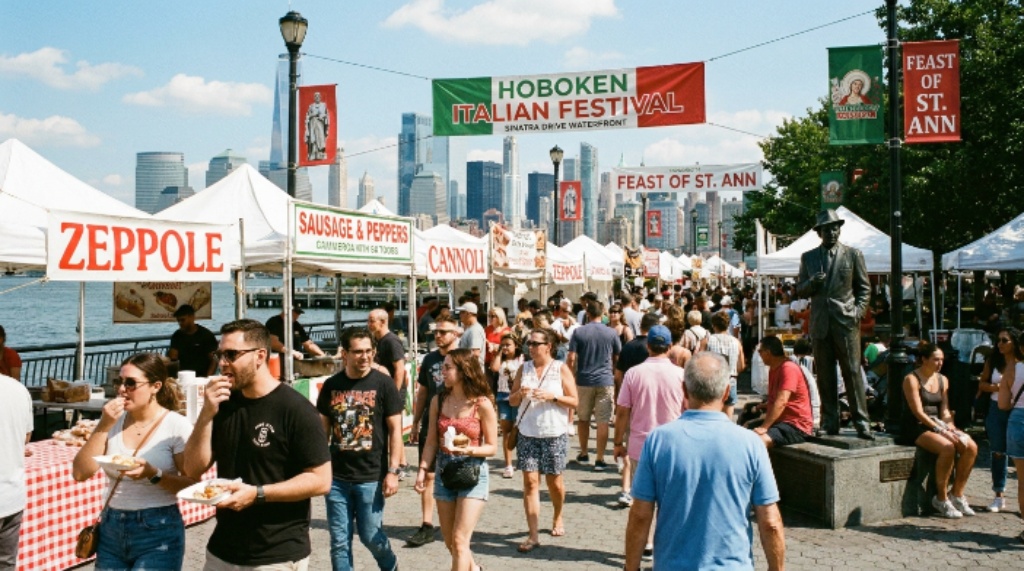 Food vendors and crowd at Hoboken Italian Festival on Sinatra Drive waterfront