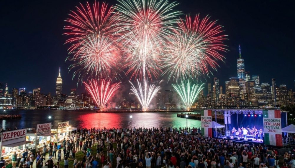 Hoboken Italian Festival 2026 fireworks over Hudson River at Sinatra Park