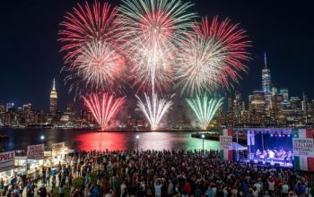 Hoboken Italian Festival 2026 fireworks over Hudson River at Sinatra Park