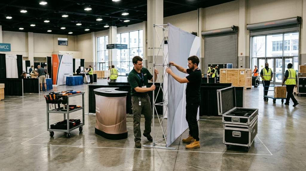 Trade show booth setup with portable display system