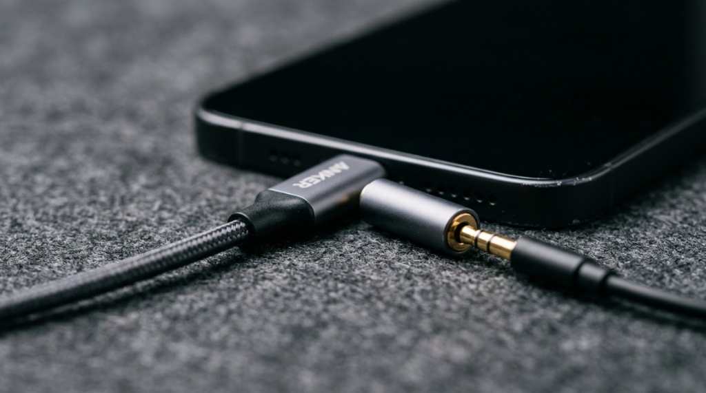 Close-up of an audio jack adapter plugged into a smartphone.