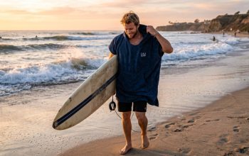A surfer drying off with a blue surf poncho on a sunny California beach.