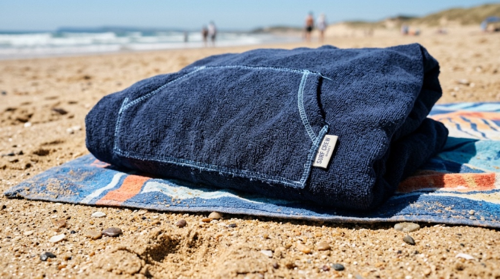 Close up view of a blue microfiber surf towel poncho resting on beach sand.