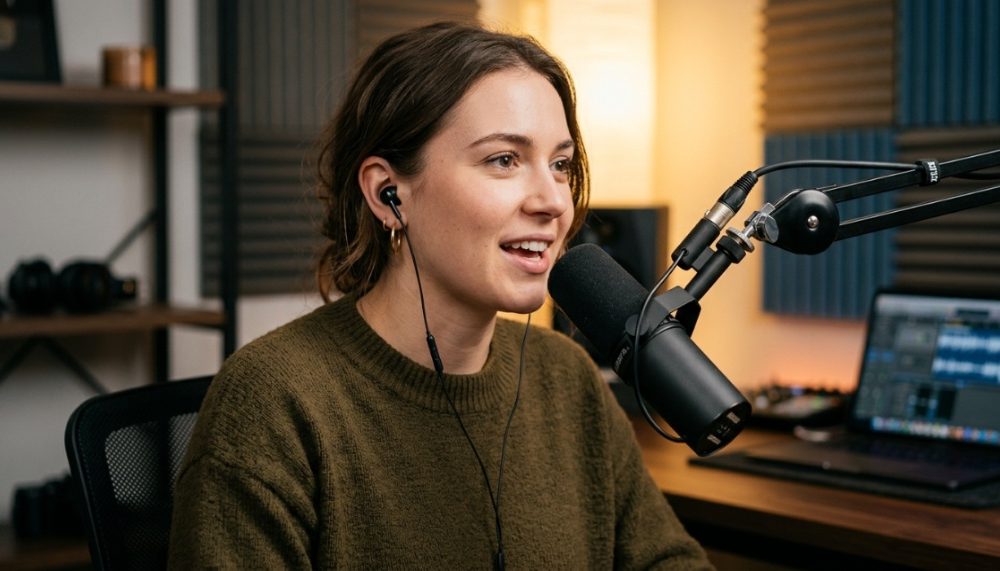 A person wearing budget earbuds in a home recording studio.