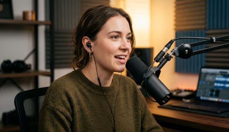 A person wearing budget earbuds in a home recording studio.