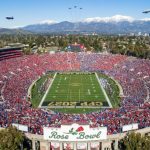 Aerial view of the packed Rose Bowl Stadium in Pasadena, California on New Year's Day 2027 during the CFP Quarterfinal game with the San Gabriel Mountains visible in the background