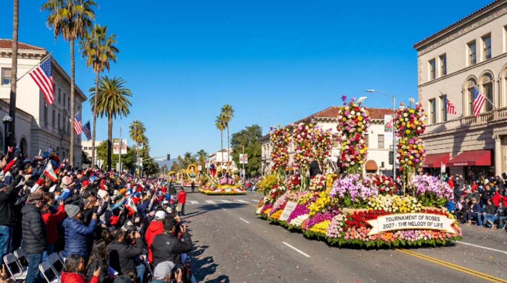 Fans lining Colorado Boulevard in Pasadena watching the Tournament of Roses Parade on the morning of the 2027 Rose Bowl Game, with flower-decorated floats passing by under clear skies
