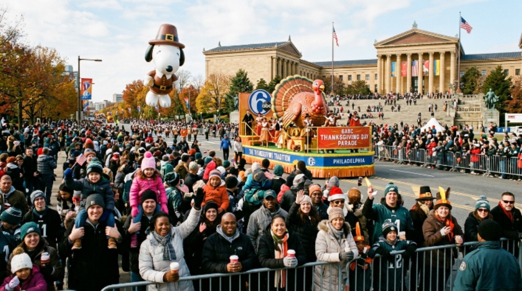 Crowd of families watching floats near the Philadelphia Museum of Art on Thanksgiving morning