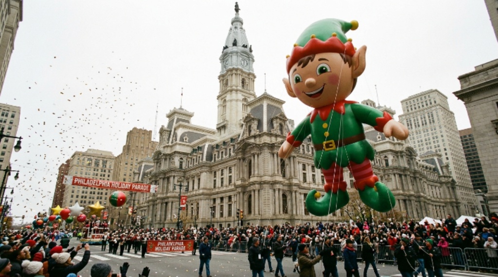 Giant character balloon floating past City Hall during the holiday parade in Philadelphia