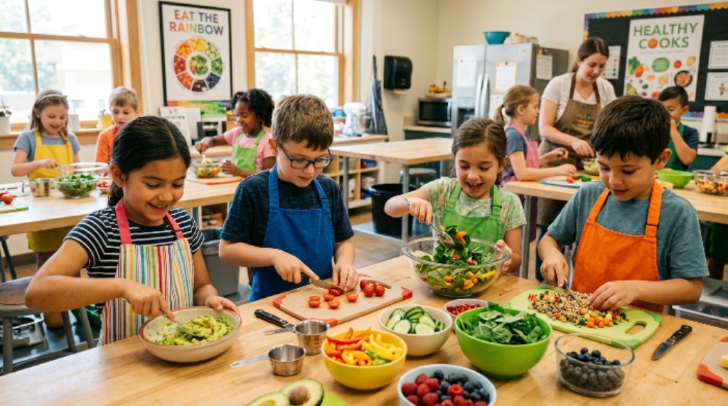 Young kids preparing healthy recipes during a hands-on cooking class