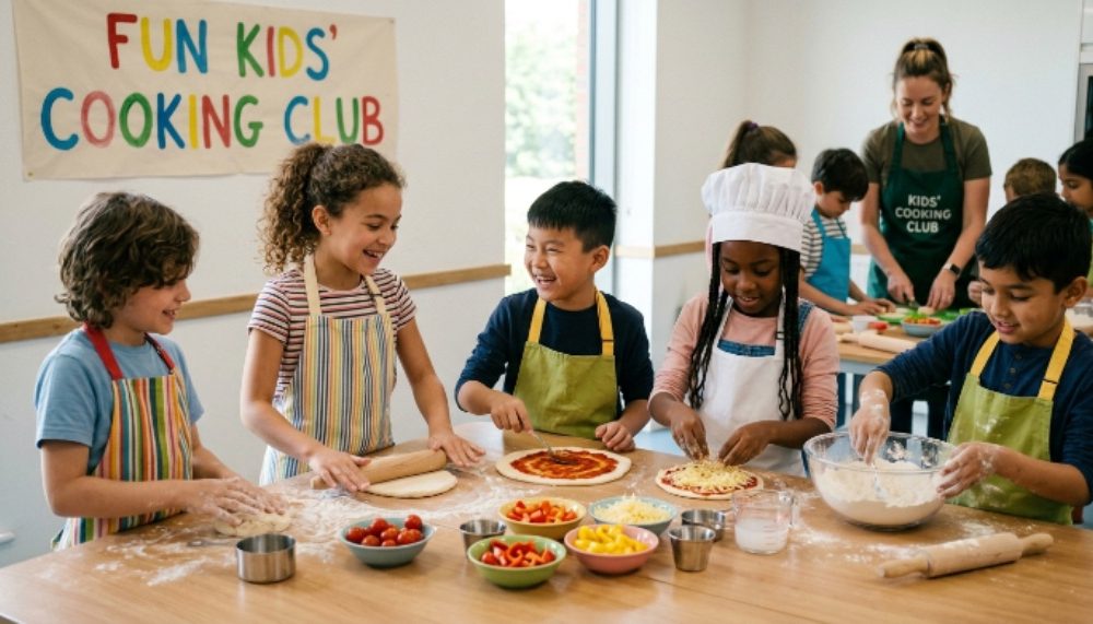 Children learning basic cooking skills together in a fun kids' cooking club