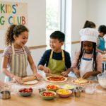 Children learning basic cooking skills together in a fun kids' cooking club