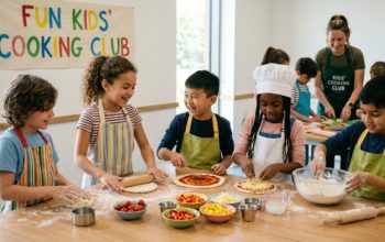 Children learning basic cooking skills together in a fun kids' cooking club