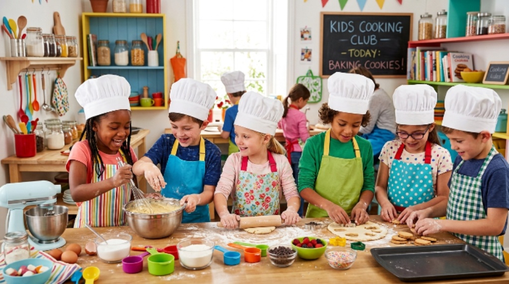 Kids wearing aprons and chef hats while cooking together in a children's cooking club
