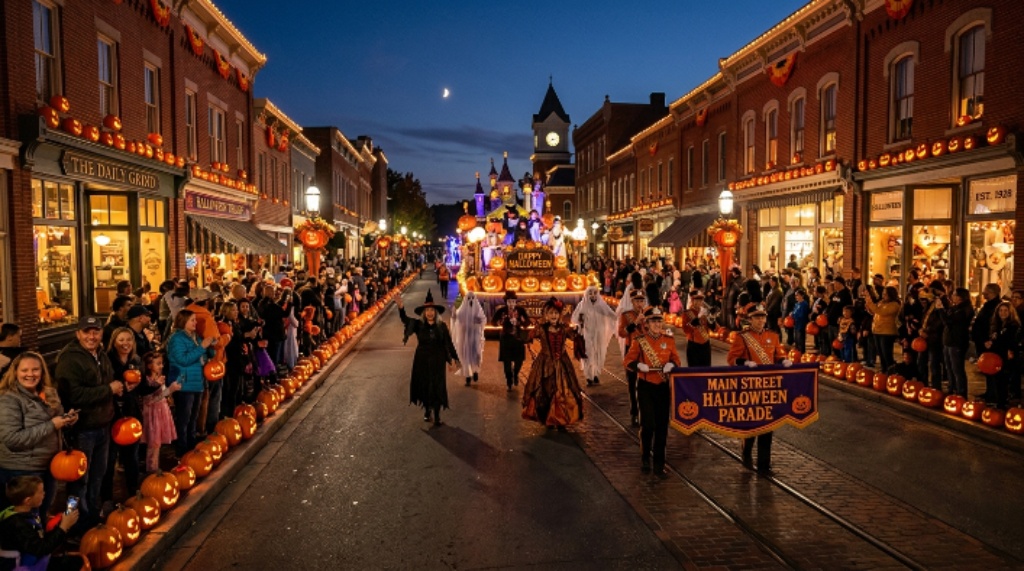 Halloween parade with jack-o-lanterns lighting Main Street USA