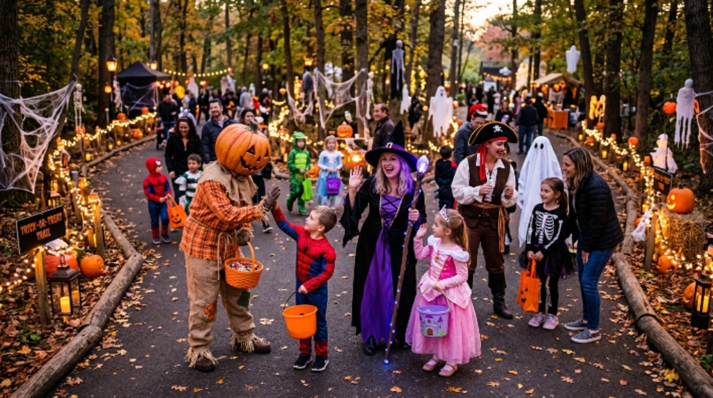 Costumed characters greeting guests at Halloween trick-or-treat trail