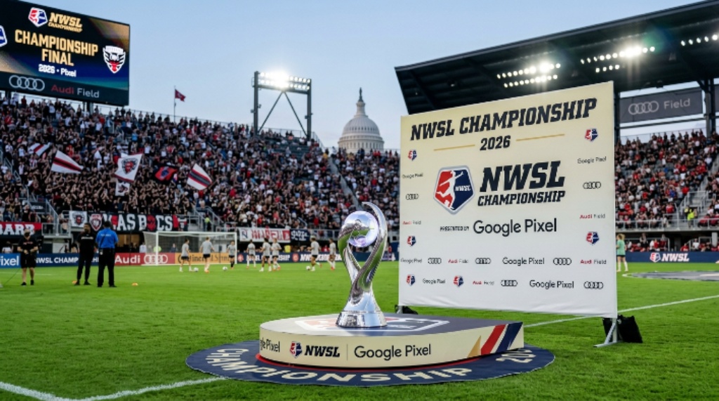 The NWSL Championship trophy displayed on the Audi Field pitch before the 2026 championship final in Washington DC presented by Google Pixel