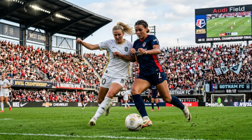 Two NWSL players competing for the ball on the pitch at Audi Field during the 2026 women's soccer championship match in Washington DC