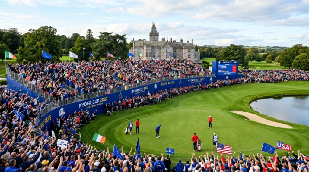 A packed grandstand of 55,000 fans cheering on match play action during the 2027 Ryder Cup centenary edition at Adare Manor in Adare, County Limerick, Ireland