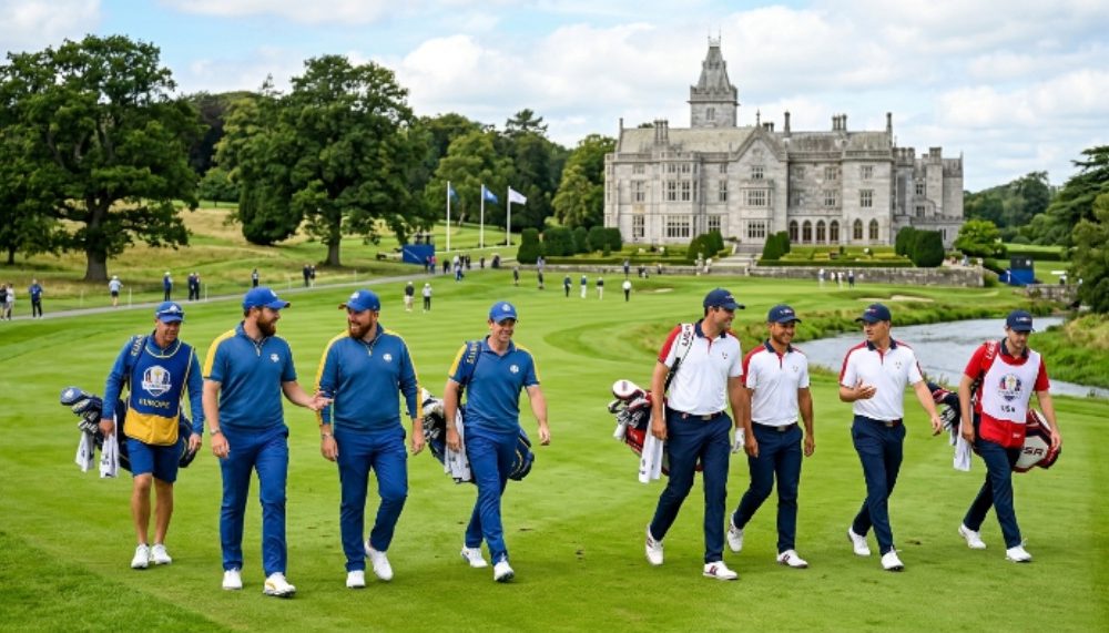 Team Europe and Team USA players walking the fairways of Adare Manor's parkland golf course during practice rounds for the 2027 Ryder Cup in County Limerick, Ireland