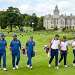 Team Europe and Team USA players walking the fairways of Adare Manor's parkland golf course during practice rounds for the 2027 Ryder Cup in County Limerick, Ireland