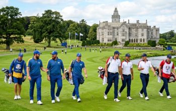 Team Europe and Team USA players walking the fairways of Adare Manor's parkland golf course during practice rounds for the 2027 Ryder Cup in County Limerick, Ireland