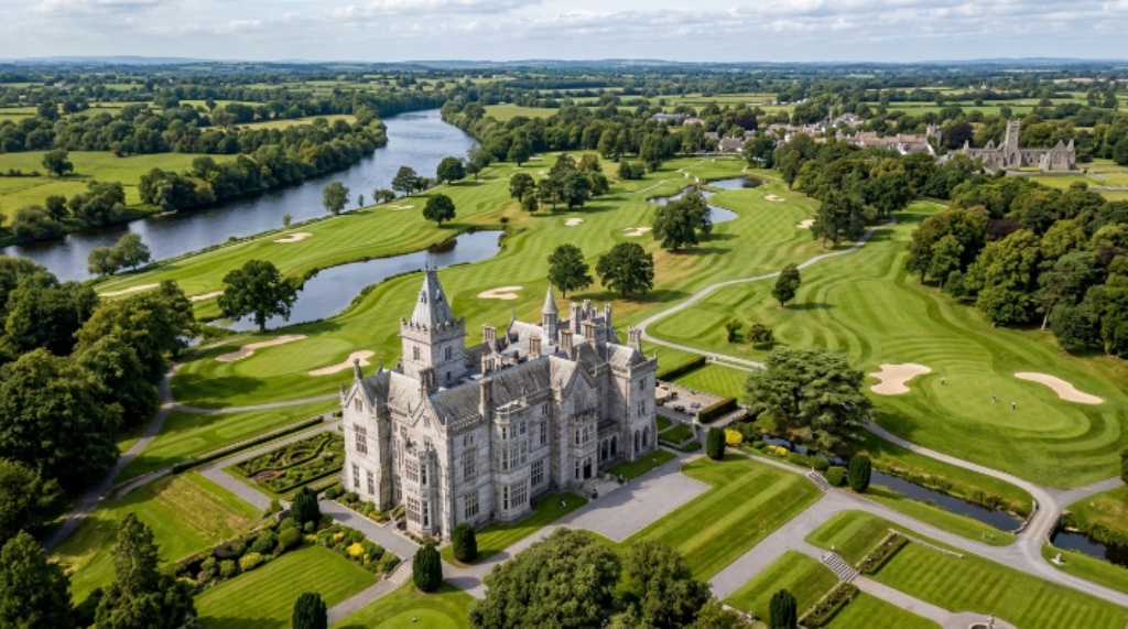 Aerial view of the Gothic Revival towers of Adare Manor estate with the championship golf course stretching across 230 acres of parkland alongside the River Maigue in County Limerick