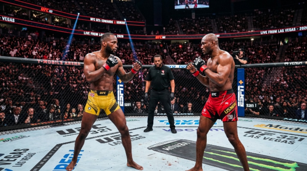 Two UFC fighters squaring off inside the octagon at T-Mobile Arena in Las Vegas during a numbered UFC event in 2026
