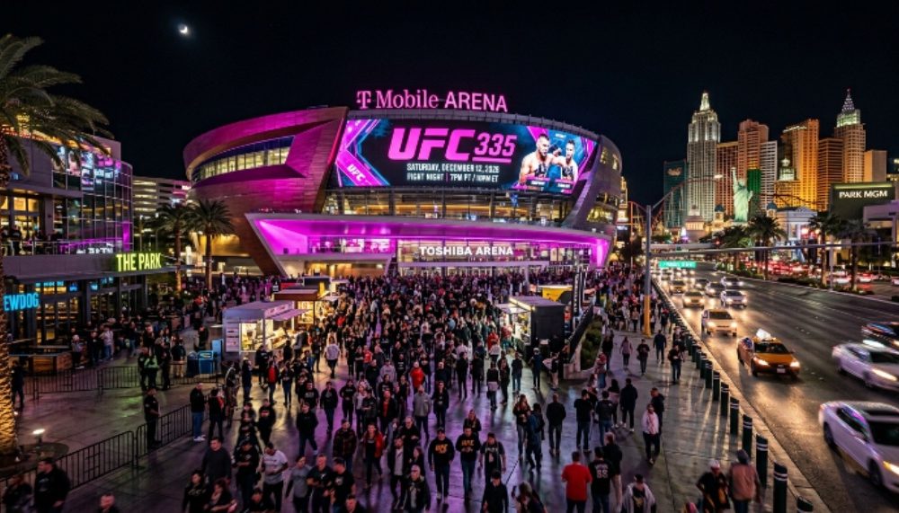 The T-Mobile Arena lit up at night on the Las Vegas Strip ahead of UFC 335 on December 12 2026