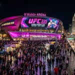 The T-Mobile Arena lit up at night on the Las Vegas Strip ahead of UFC 335 on December 12 2026