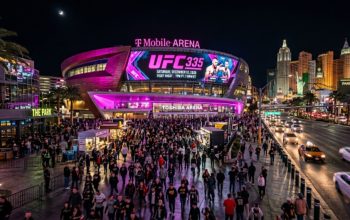 The T-Mobile Arena lit up at night on the Las Vegas Strip ahead of UFC 335 on December 12 2026