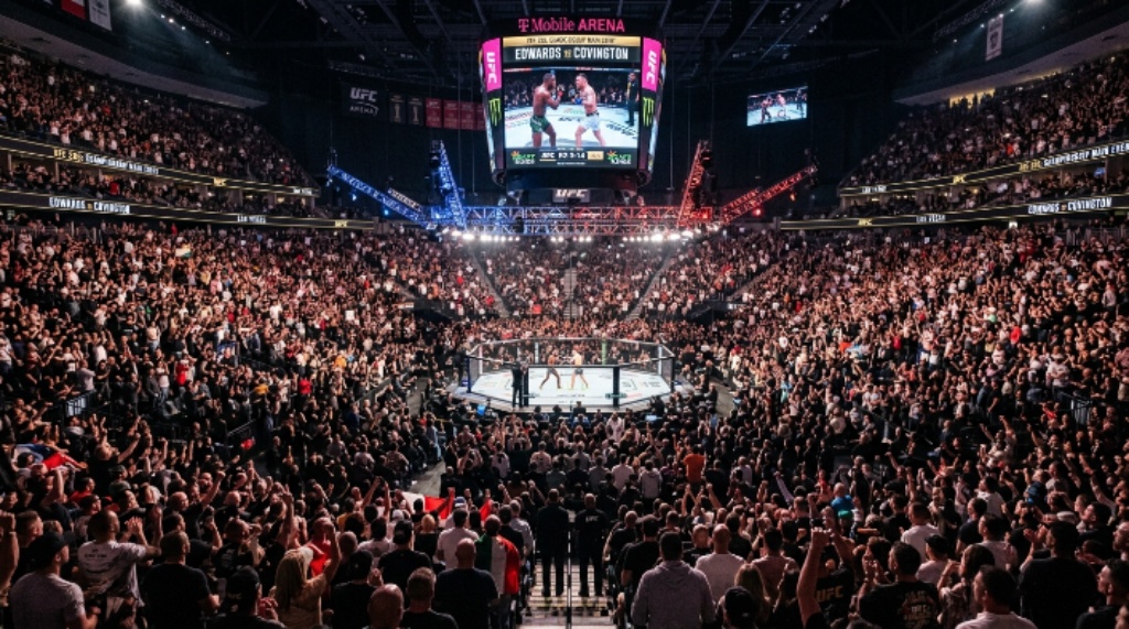 Packed crowd of MMA fans filling the seats at T-Mobile Arena in Las Vegas for a UFC championship main card event