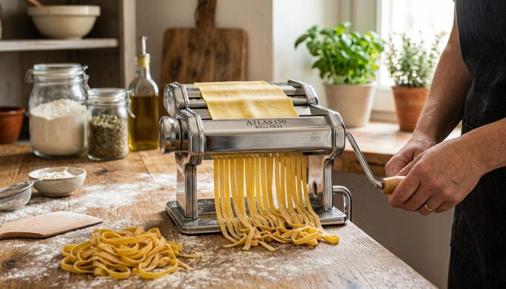 Stainless steel Marcato pasta machine on a floured wooden kitchen counter.