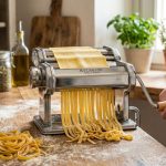 Stainless steel Marcato pasta machine on a floured wooden kitchen counter.