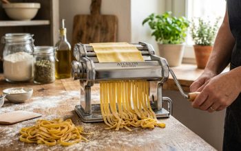 Stainless steel Marcato pasta machine on a floured wooden kitchen counter.