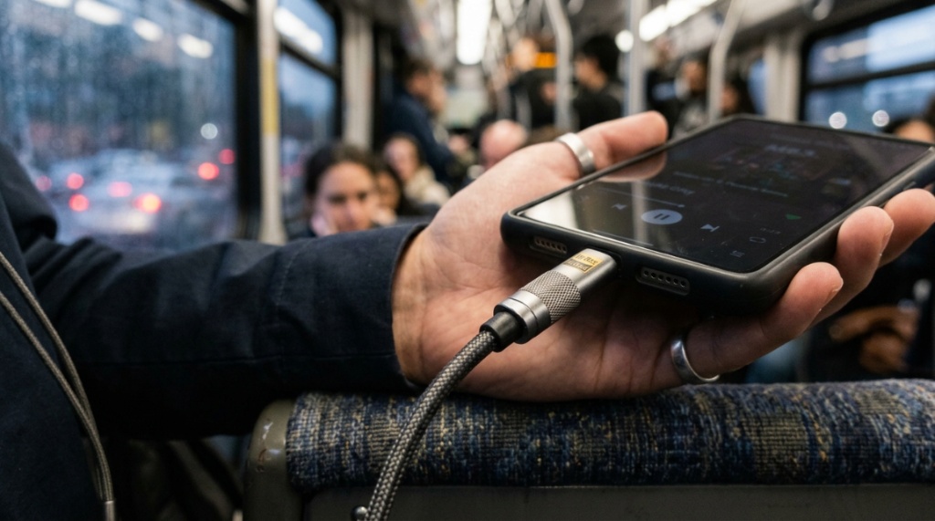 USB-C headphone plug connected to a smartphone.
