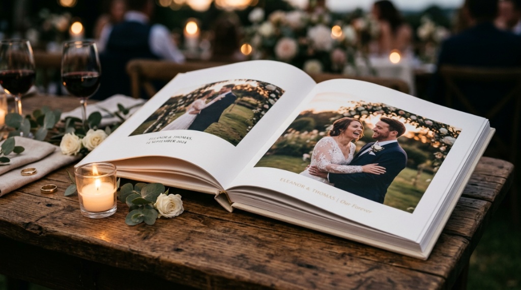 Hands flipping through glossy pages of a custom wedding album.