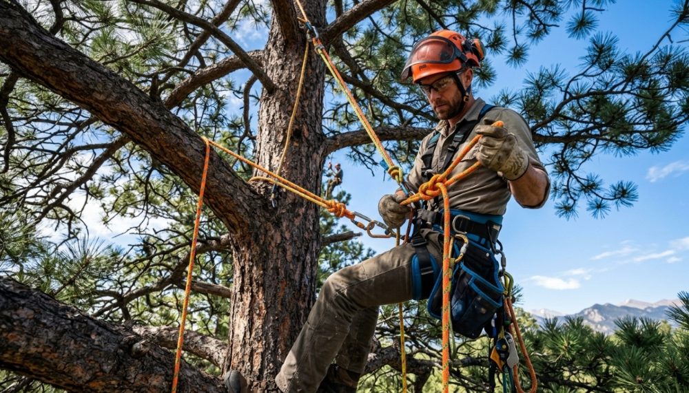 Arborist inspecting a safety rope while climbing a tall pine tree.
