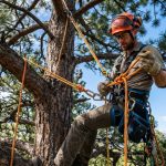 Arborist inspecting a safety rope while climbing a tall pine tree.