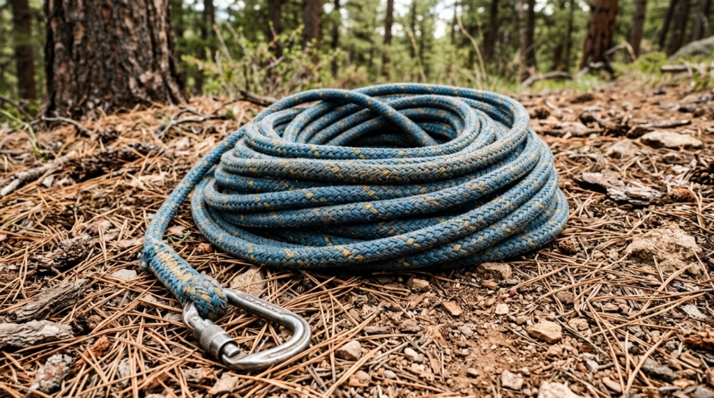 Coiled heavy-duty arborist rope resting on mountain ground.