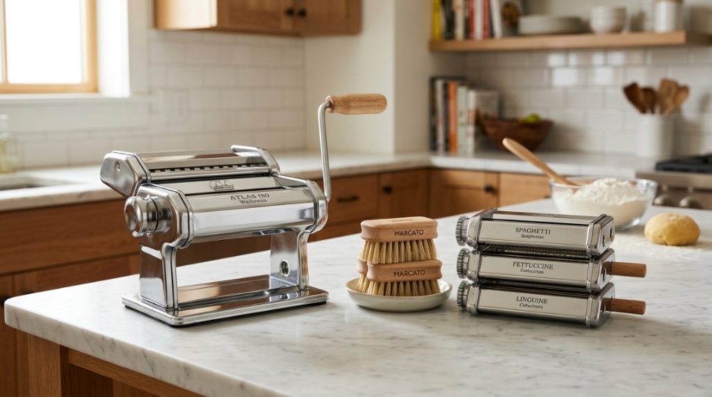 Hands feeding fresh yellow dough through a Marcato pasta machine roller.