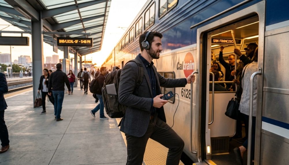 Commuter wearing USB-C headphones boarding a California train.