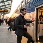Commuter wearing USB-C headphones boarding a California train.