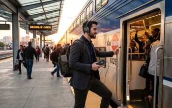 Commuter wearing USB-C headphones boarding a California train.