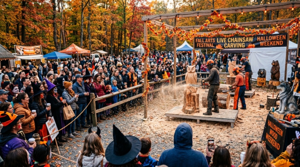 Crowd of visitors watching a live chainsaw wood carving competition surrounded by fall foliage at a Halloween weekend event