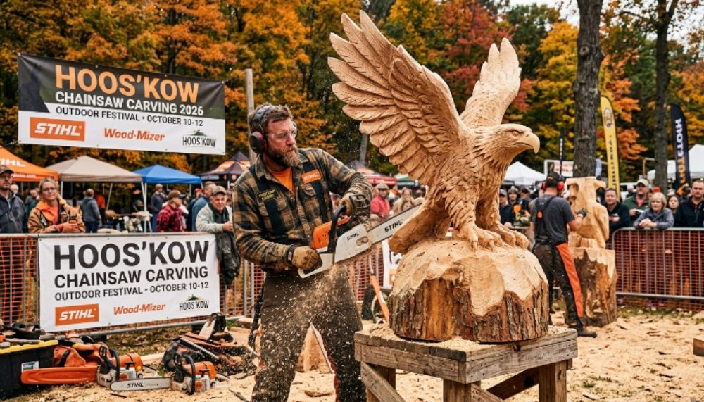 A chainsaw artist carving a wooden eagle sculpture at Hoos'Kow Chainsaw Carving 2026 outdoor festival in October