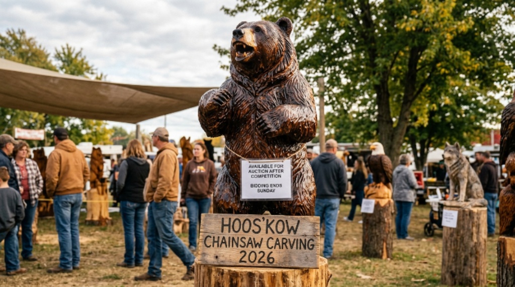 Finished wooden bear sculpture on display at Hoos'Kow Chainsaw Carving 2026 available for auction after the competition